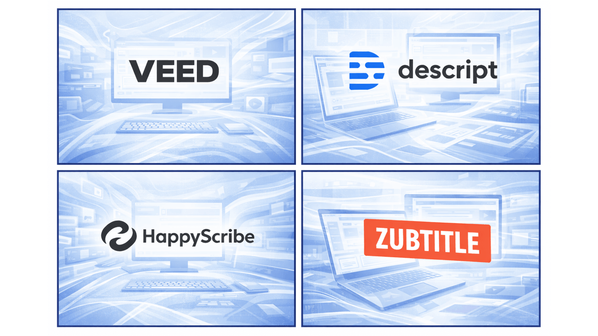 Logos of VEED, Descript, HappyScribe and Zubtitle over stylised subtitle editing workstations